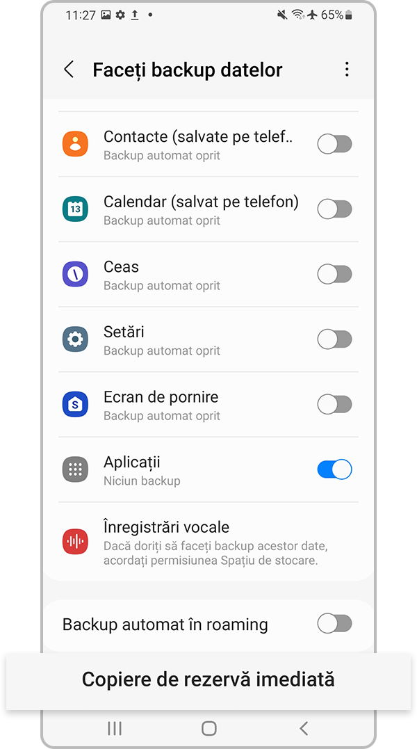 Selectează Copie de rezervă imediată