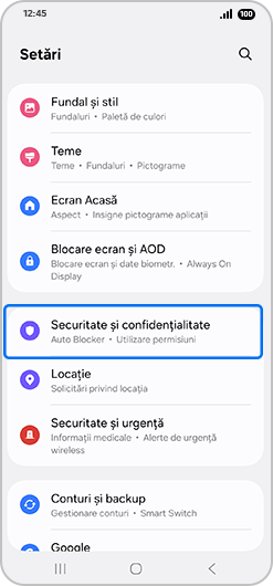 Securitate și confidențialitate selectate în meniul Setări