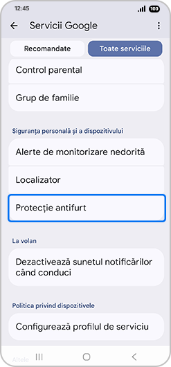 Protecția antifurt selectată în serviciile Google