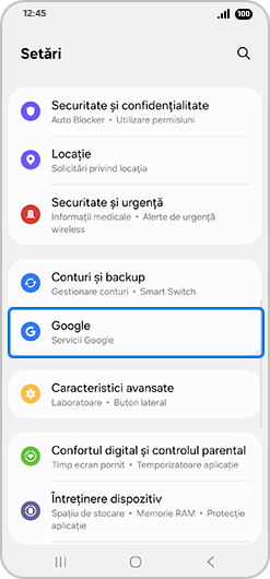 Google selectat în meniul Setări