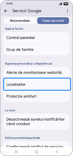 Localizator selectat în serviciile Google