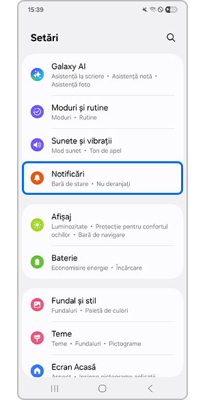 Selectarea meniului de notificări