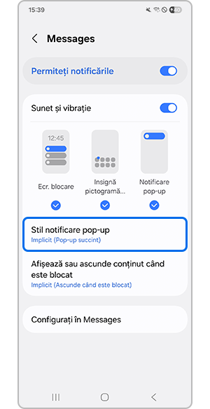 Selectarea stilului de notificare pop-up