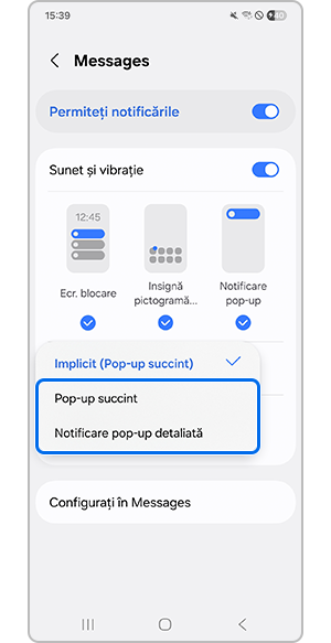 Atingeți fie „Pop-up succint”, fie „Notificare pop-up detaliată”
