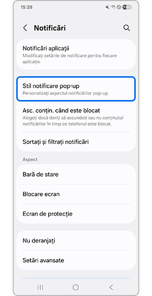 Selectarea stilului de notificare pop-up