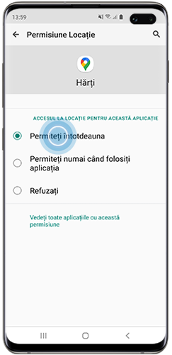 Funcția Permiteți întotdeauna este selectată în Permisiune Locație, pe un smartphone Galaxy
