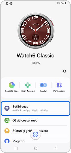 Setările ceasului evidențiate pe ecranul de start al Galaxy Watch.