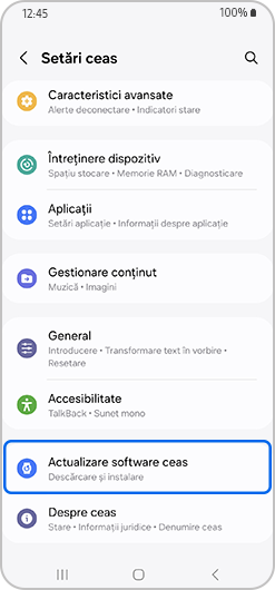 Ecranul setărilor ceasului cu actualizarea software pentru ceas evidențiată.