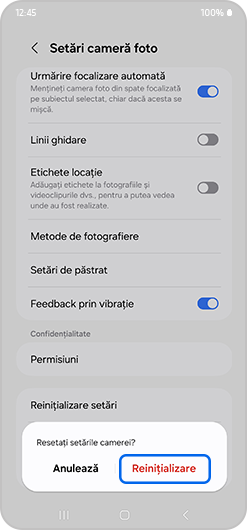 resetarea aplicației de focalizare a camerei