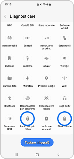Atinge Stare baterie și Încărcare prin cablu pentru a verifica hardware-ul