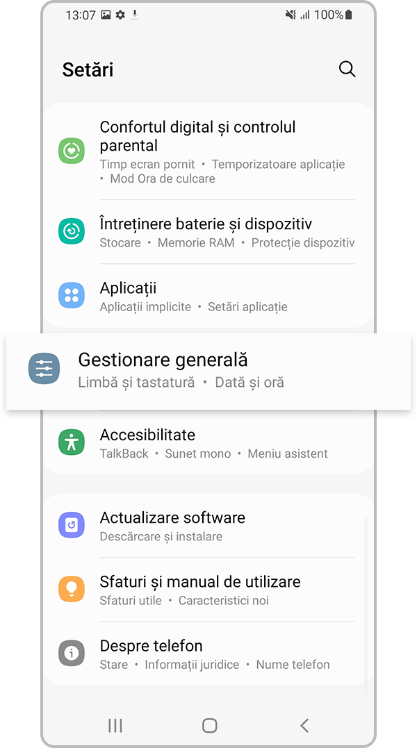 Gestionare generală în Setări