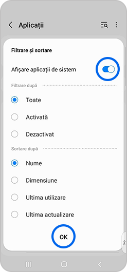 Opțiunile Afișare aplicații de sistem și OK selectate