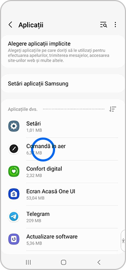 Opțiunea Comandă în aer selectată în lista de aplicații