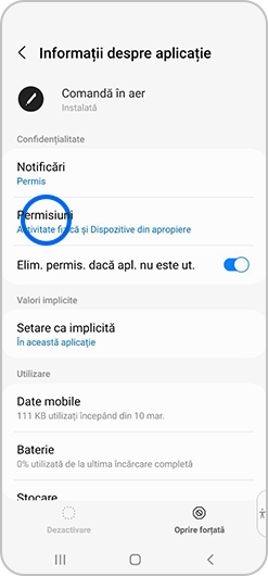 Opțiunea Permisiuni selectată