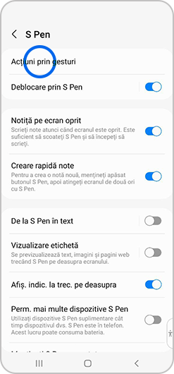 Opțiunea Acțiuni prin gesturi selectată în meniul S Pen
