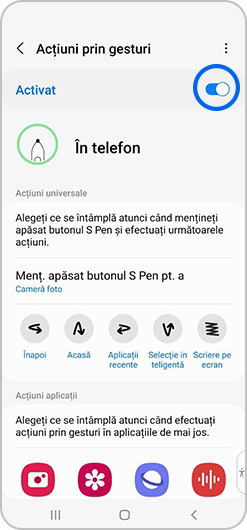 Opțiunea Acțiuni prin gesturi activată