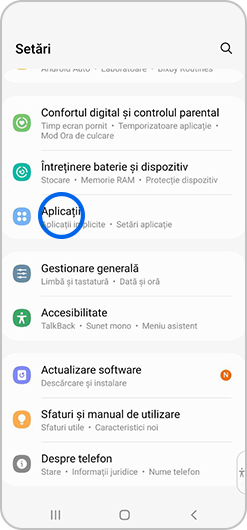 Opțiunea Aplicații selectată în meniul Setări