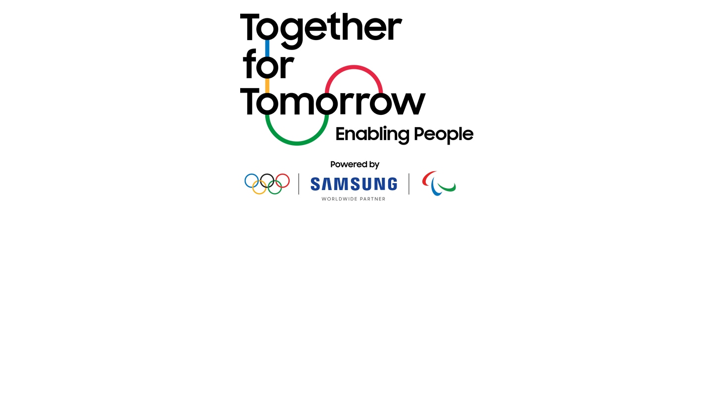 Tekst „Together for Tomorrow Enabling People“ povezan je linijama u ostale četiri boje olimpijskih prstenova. Ispod toga je tekst „Omogućili“, a iza njega olimpijski prstenovi, Samsung logotip i Agitos logotip. Ispod toga se prikazuje tekst „SVETSKI PARTNER“.