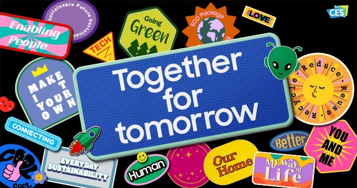 Grafičke nalepnice ključnih reči kompanije Samsung CES saopštenja sa sloganom Together for tomorrow i CES logotipom