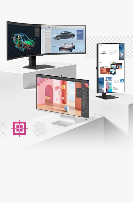 Ultraširoki zakrivljeni monitor sa dizajnom automobila na ekranu, beli monitor sa dizajnerskim alatom na ekranu i zaokrenut monitor sa dokumentom na ekranu.