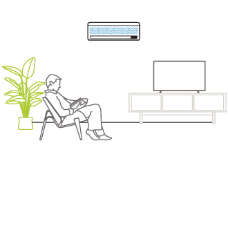 line drawing of person at home with wall mount unit on the wall