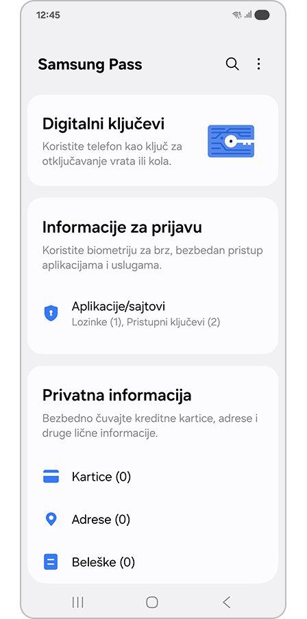 Pregled Samsung Pass podešavanja