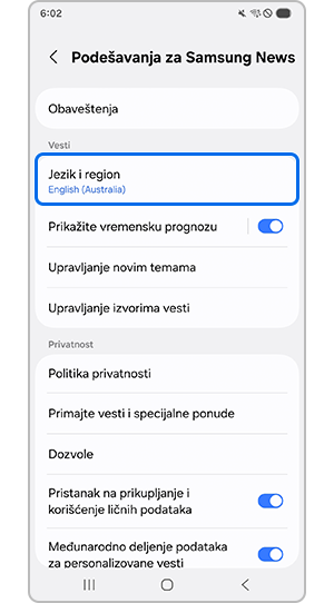 Prikaz stranice za Samsung News podešavanja