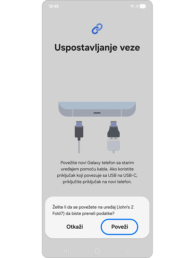 Povežite se sa novim uređajem putem USB kabla