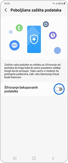 Ekran pametnog telefona sa preklopnikom Šifruj rezervne kopije podataka