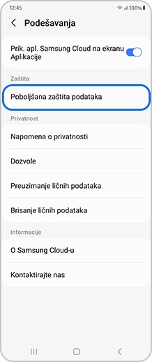 Ekran pametnog telefona sa dostupnim opcijama Podešavanja.