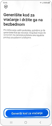 Ekran pametnog telefona sa izabranim tasterom Generiši kôd za oporavak>