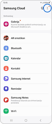 Ekran pametnog telefona sa dostupnim opcijama aplikacije Samsung Cloud