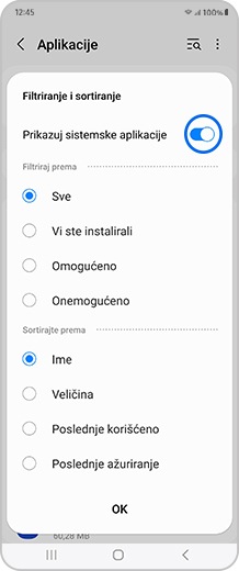 Ekran pametnog telefona sa izabranim preklopnikom Prikaži sistemske aplikacije
