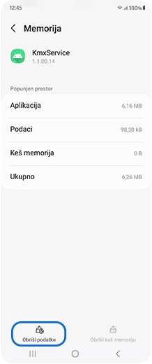 Ekran pametnog telefona sa izabranim tasterom Izbriši podatke