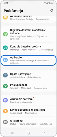 Ekran pametnog telefona sa izabranom opcijom Aplikacije