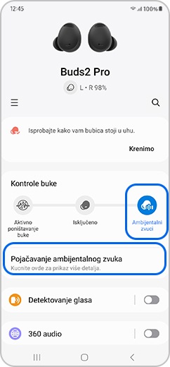 Ekran pametnog telefona sa ikonom ambijentalnog zvuka i odabranim Pojačavanjem ambijentalnog zvuka