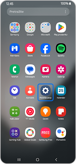 Aplikacija Podešavanja na početnom ekranu pametnog telefona je istaknuta