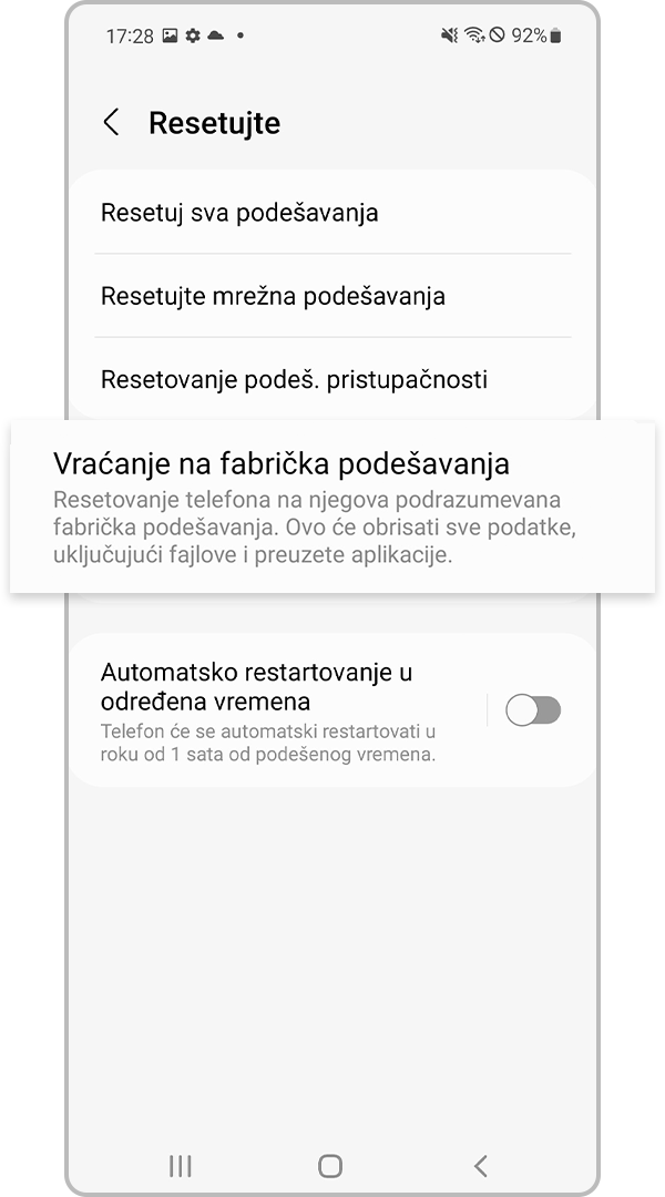 Vraćanje na fabrička podešavanja