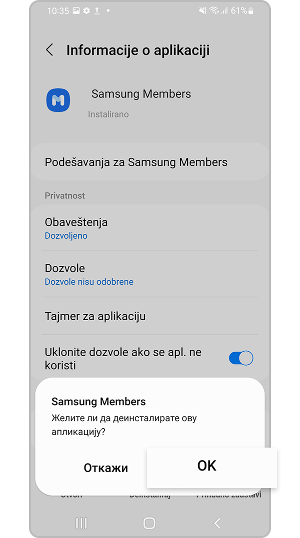 Dodirnite U redu da biste izbrisali aplikaciju