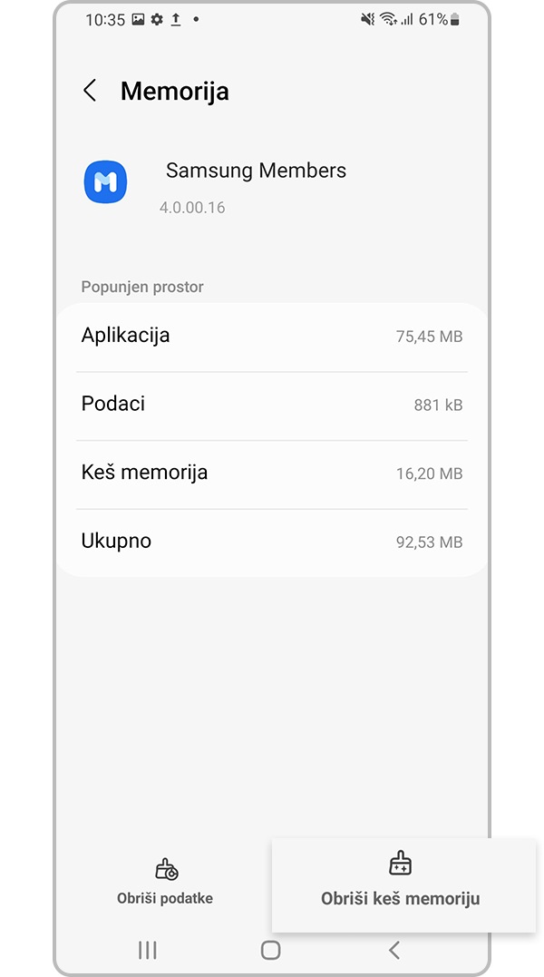 Dodirnite Brisanje keš memorije