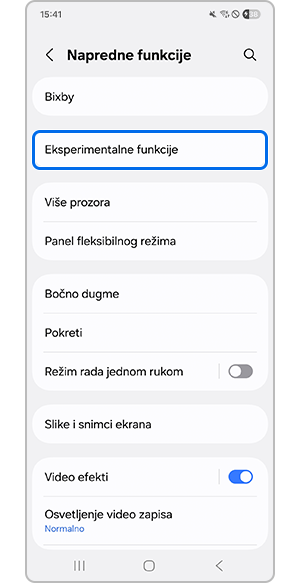 Izbor menija Eksperimentalne funkcije