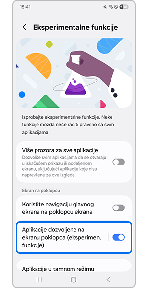 Uključivanje opcije Aplikacije dozvoljene na ekranu poklopca
