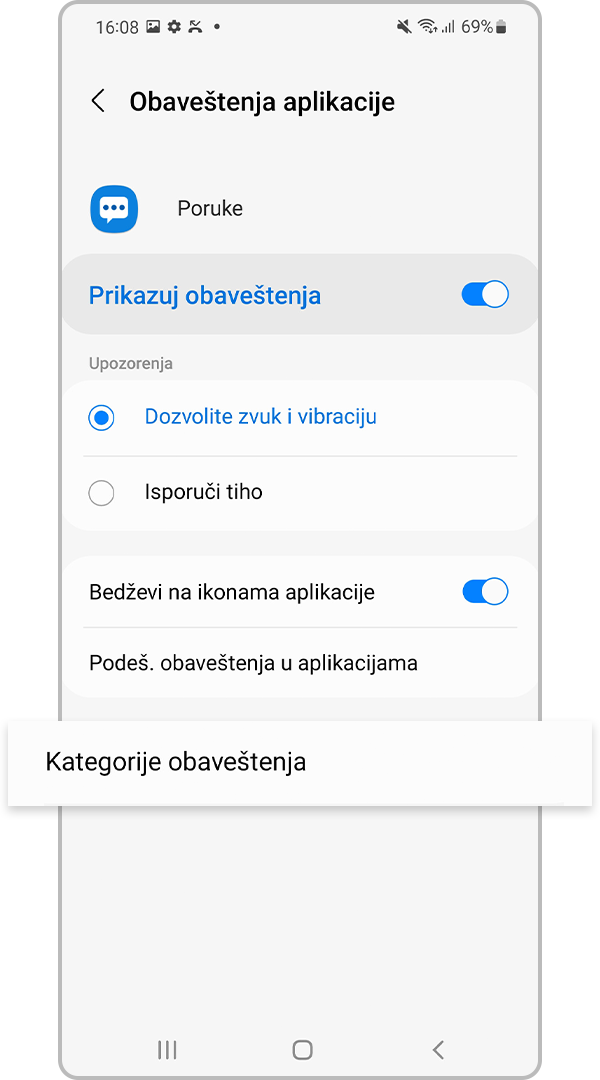 U opciji Poruke dodirnite Kategorije obaveštenja