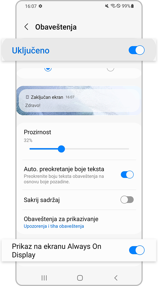 Omogućite obaveštenja za podešavanja Always On Display