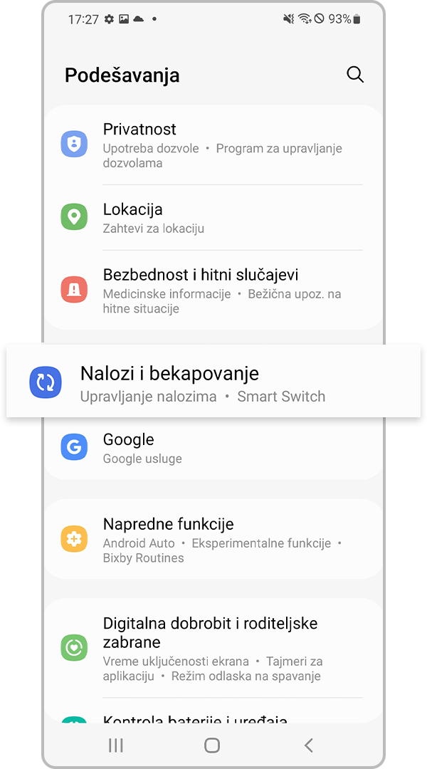 nalozi i rezervna kopija u podešavanjima