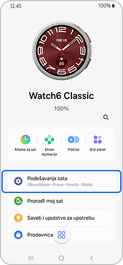 Podešavanja sata istaknuta na početnom ekranu Galaxy Watch-a.