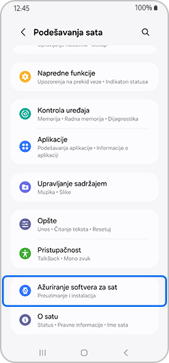 Ekran podešavanja sata sa istaknutim ažuriranjem softvera za sat.