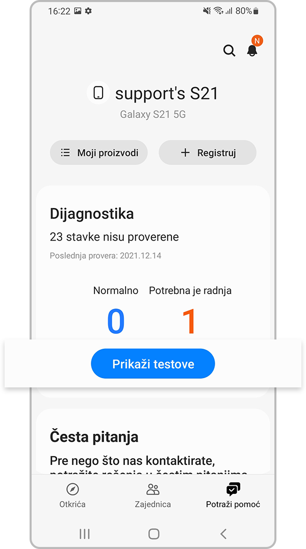 Samsung Members Prikaz testiranja u opciji Dijagnostika