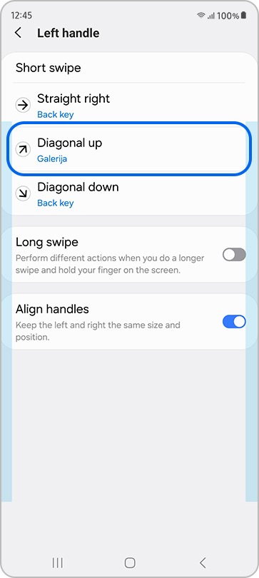Podešavanja prevlačenja dijagonalno naviše na levoj ručki