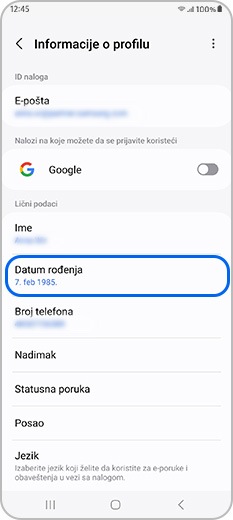 Dodirnite Datum rođenja na profilu Samsung naloga